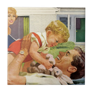 Vintage Fathers Day, Happy Family in the Suburbs Tile