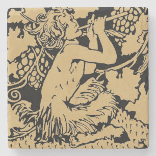 Vintage Faun With Flute in Grape Vine Stone Coaster