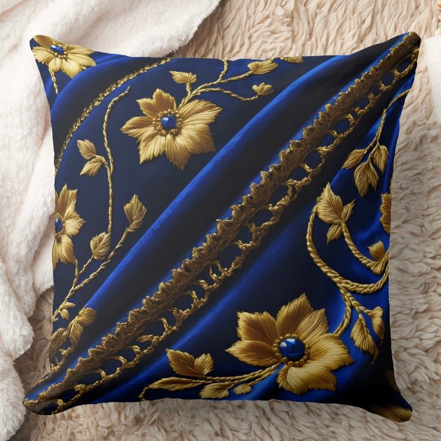 Vintage faux Embroidery Blue Gold Flowers Cushion (Creator Uploaded)
