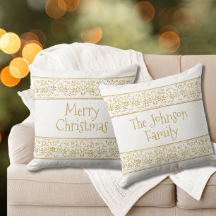 Vintage Faux Gold Floral Ribbon Merry Christmas Cushion