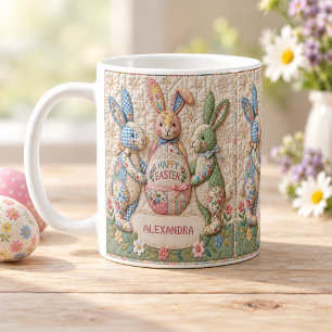 Vintage Faux Patchwork Easter Bunny Family Name Coffee Mug