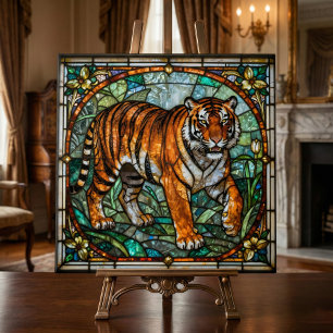 Vintage Faux Stained Glass Tiger Jungle Mosaic Tile