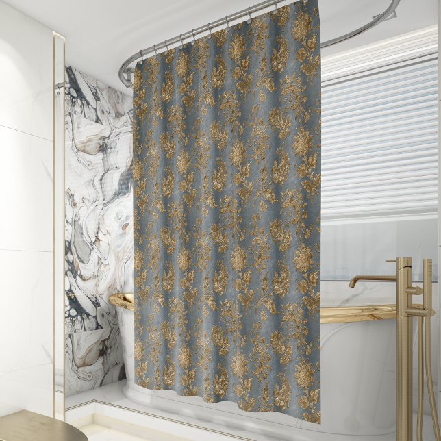 Vintage Faux Velvet Botanical Gold Grey Shower Curtain (Creator Uploaded)