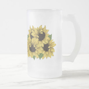 Vintage Faux Watercolor Sunflowers Bouquet Glass Frosted Glass Beer Mug