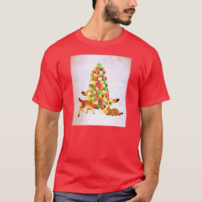 Vintage Fawns by Gumdrop Christmas Tree T-Shirt (Front)