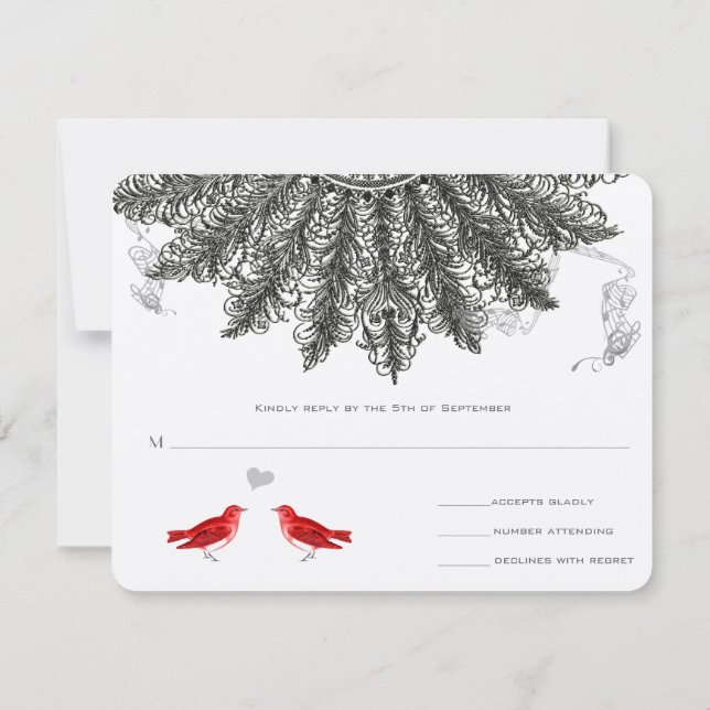 Vintage Feather Fan Love Birds Wedding RSVP Card (Back)