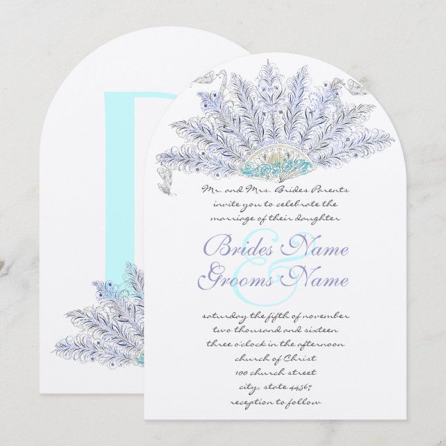 Vintage Feather Fan Wedding Invitation (Front/Back)