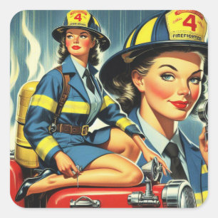 Vintage Female Firefighter Square Sticker