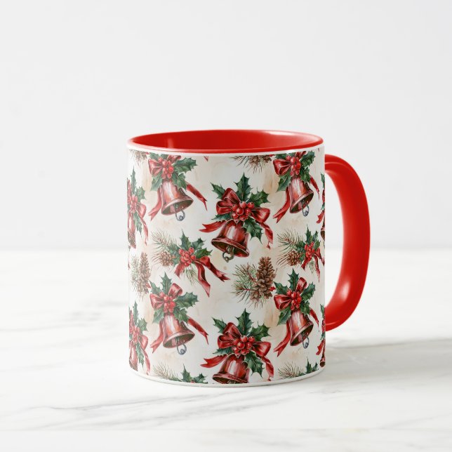 Vintage Festive Christmas Bells Holly Mug Gift (Front Right)