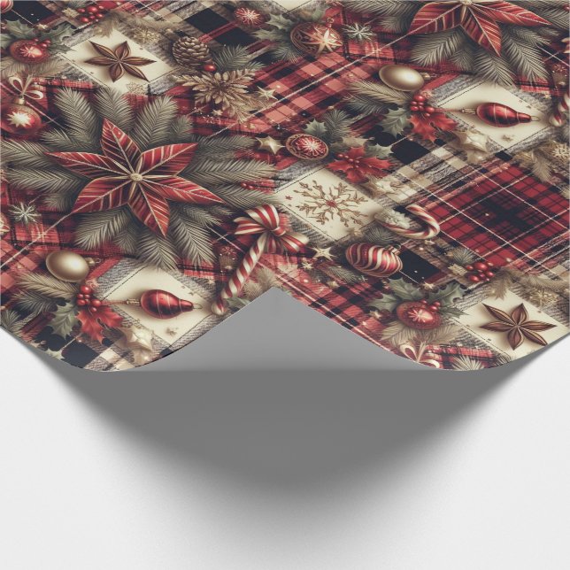 Vintage Festive Christmas Botanical Greenery Plaid Wrapping Paper (Corner)
