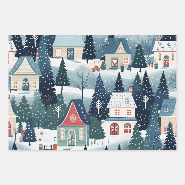 Vintage Festive Christmas Village Pattern Wrapping Paper Sheet (Front)