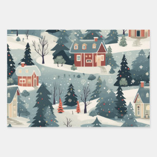 Vintage Festive Christmas Village Pattern Wrapping Paper Sheet