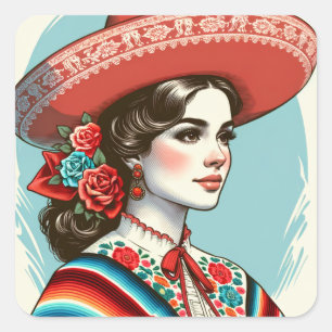 Vintage Festive Fiesta Sombrero Party Favor  Square Sticker