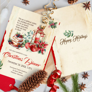 Vintage Festive Foliage Red Poinsettia Christmas Invitation