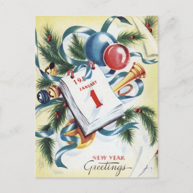 Vintage Festive New Year Greetings Postcard (Front)