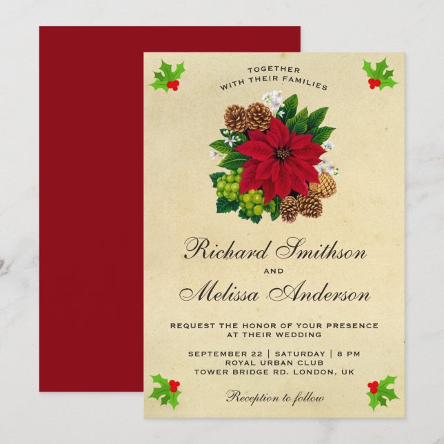 Vintage Festive Poinsettia Christmas Wedding Invitation (Front/Back)