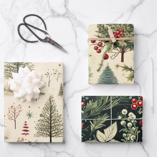 Vintage Festive Tree Pattern Wrapping Paper Sheet (Front)