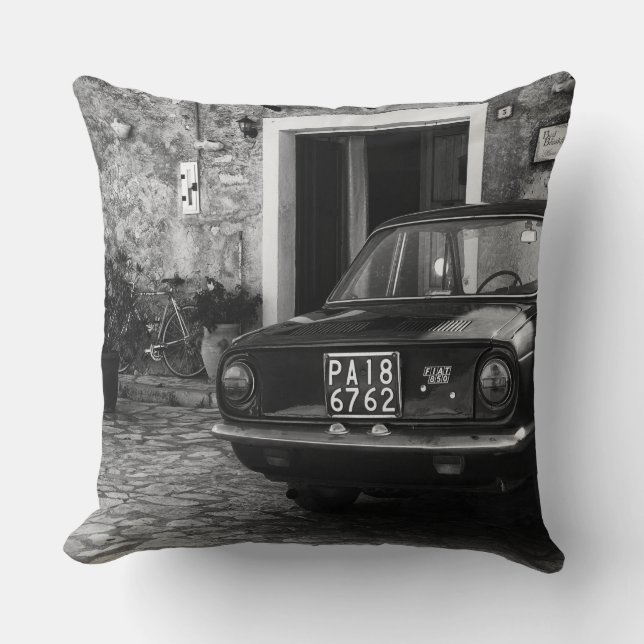 Vintage FIAT car in Italy in monochrome Cushion (Front)