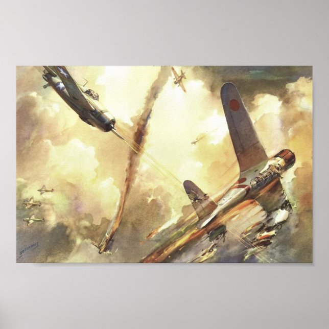 Vintage Fighter Aeroplane Dogfight Art Print (Front)