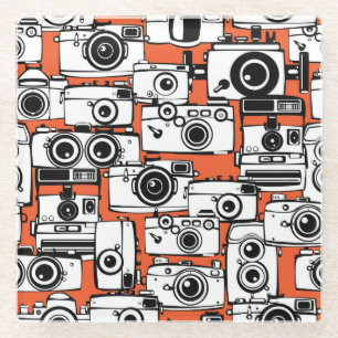 Vintage film cameras, seamless pattern. glass coaster
