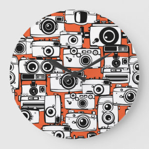 Vintage film cameras, seamless pattern. large clock