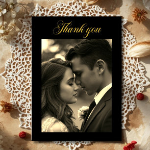 Vintage Film Look Photo overlay Black Gold  Thank You Card