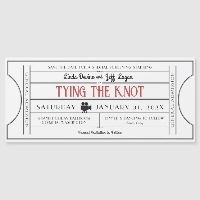 Vintage Film Ticket Save The Date Magnetic Invitation (Front)