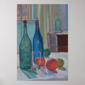 Vintage Fine Art Still-Life Painting Bottles Fruit Poster