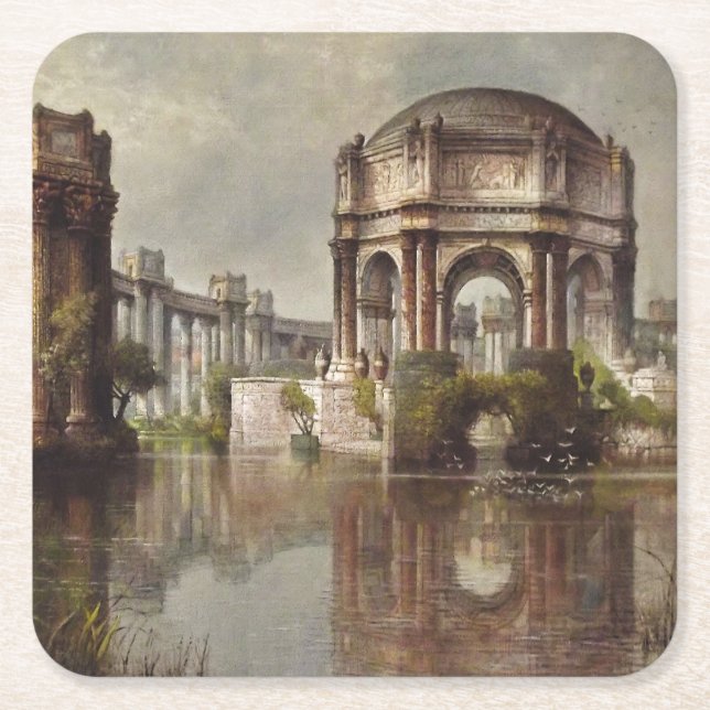 Vintage Fine Arts Palace Painting Square Paper Coaster (Front)