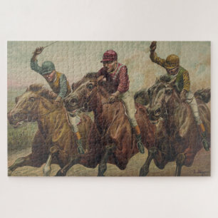 Vintage Finish Line Horse Jockeys Illustration Jigsaw Puzzle