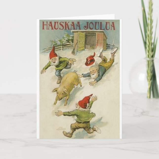 Vintage Finnish Elf And Pig Christmas Card (Front)
