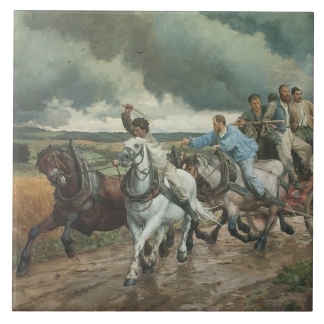 Vintage Fire Engine (by Eugène Burnand) Tile (Front)