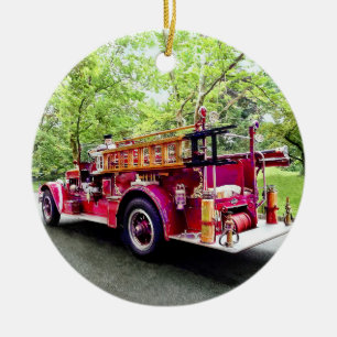 Vintage Fire Engine Ceramic Tree Decoration