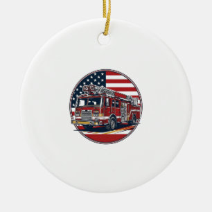 Vintage Fire Truck American Flag Circle Vector Shi Ceramic Tree Decoration