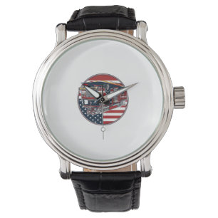 Vintage Fire Truck American Flag Circle Vector Shi Watch