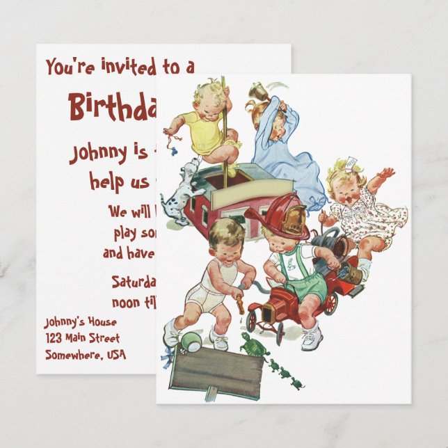 Vintage Fire Truck Child Birthday Party Invitation (Front/Back)