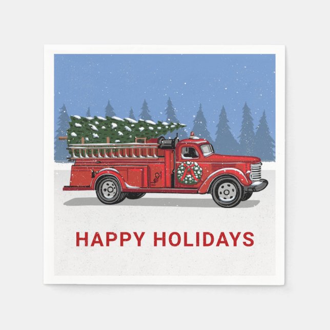 Vintage Fire Truck Christmas Tree Happy Holidays Napkin (Front)