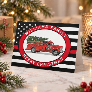 Vintage Fire Truck Merry Christmas Red Line Holiday Card