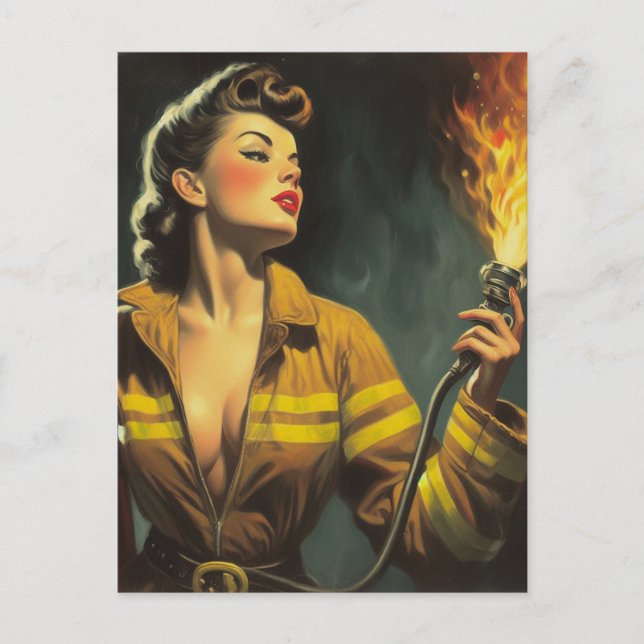 Vintage Firefighter Pin Up Postcard (Front)
