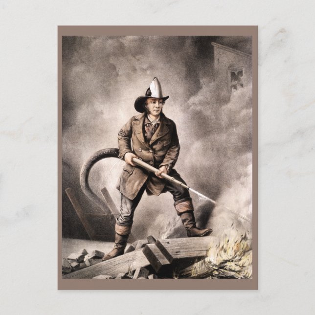 Vintage Fireman Illustration Postcard (Front)