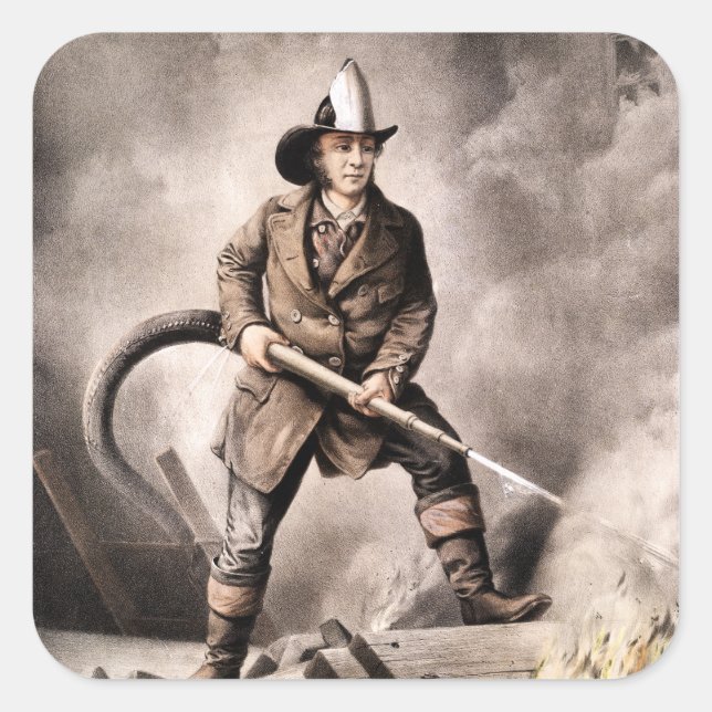 Vintage Fireman Illustration Square Sticker (Front)