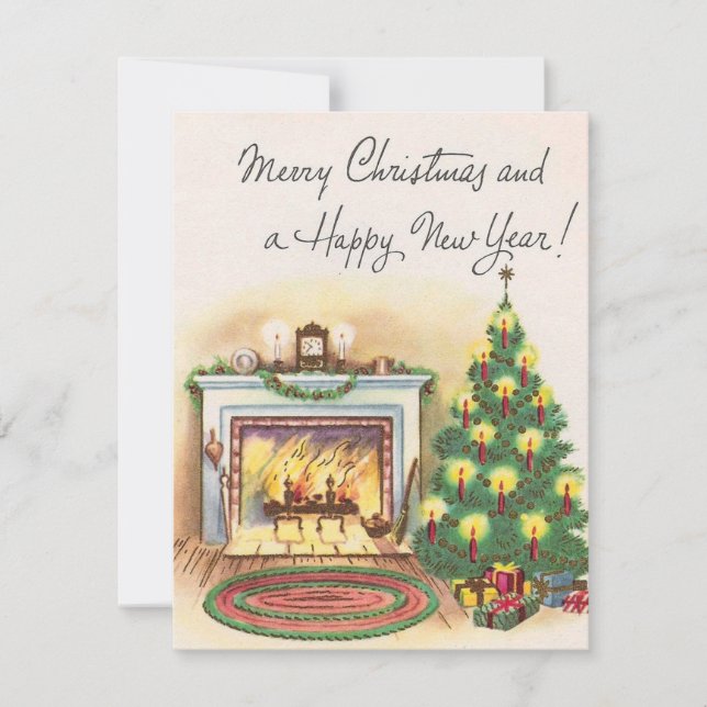Vintage Fireplace Christmas and New Years Holiday Card (Front)