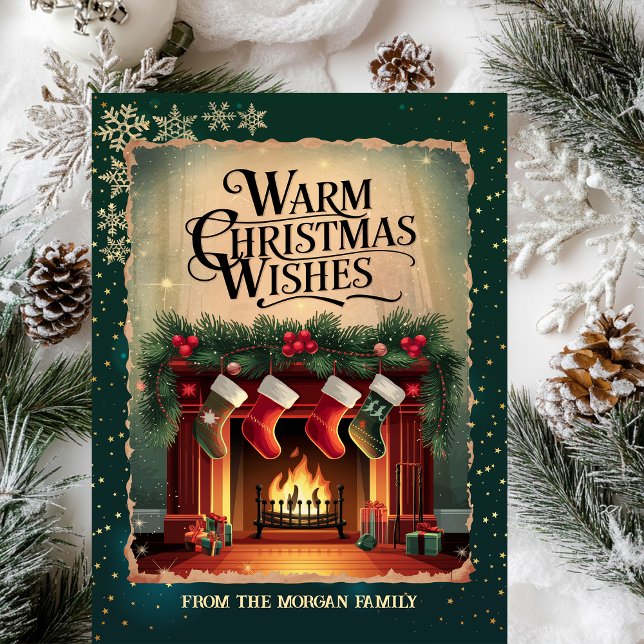 Vintage Fireplace Snowflakes Green Holiday Card (Creator Uploaded)