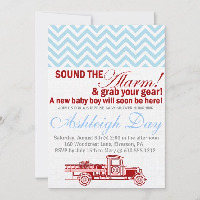 Vintage Firetruck Blue Chevron Baby Shower Invite (Front)