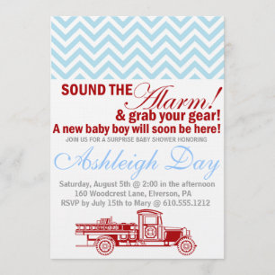 Vintage Firetruck Blue Chevron Baby Shower Invite