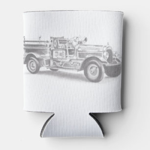 vintage firetruck pencil sketch fireman drawing  can cooler