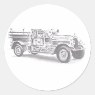 vintage firetruck pencil sketch fireman drawing classic round sticker