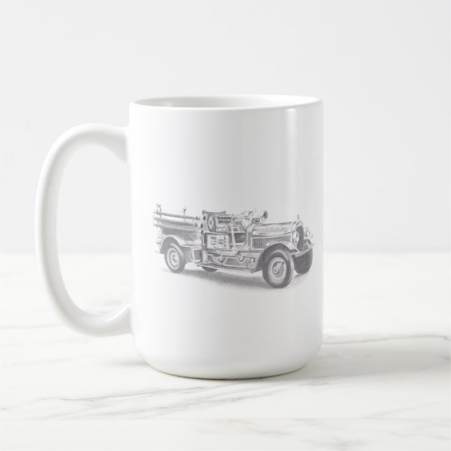 vintage firetruck pencil sketch fireman drawing  coffee mug (Left)
