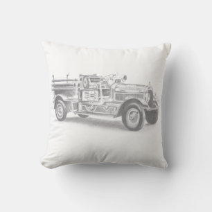 vintage firetruck pencil sketch fireman drawing cushion