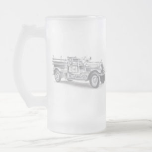 vintage firetruck pencil sketch fireman drawing  frosted glass beer mug